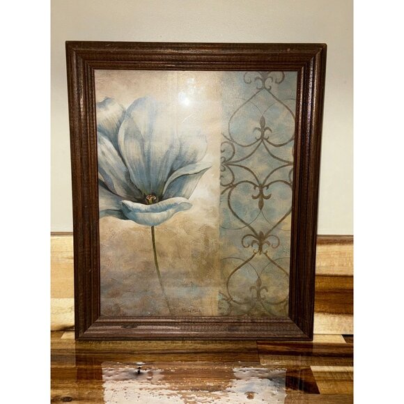 Framed Vivien Flasch Floral Art Print Blue Flower & Brown Scroll Design Overall - Picture 2 of 8